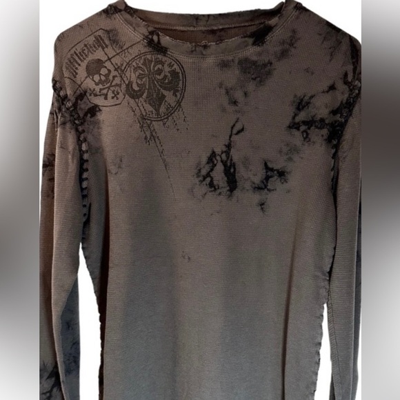 Affliction Mens vintage long sleeve T-shirt gray with black stitch skull Y2K - Picture 3 of 6